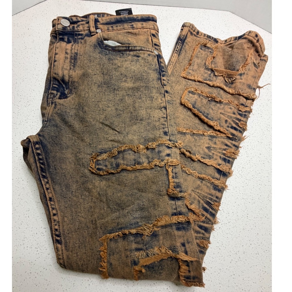 Homme + Femme LA Acid Wash Distressed Frayed Logo Jeans Mens 32 Brown Blue